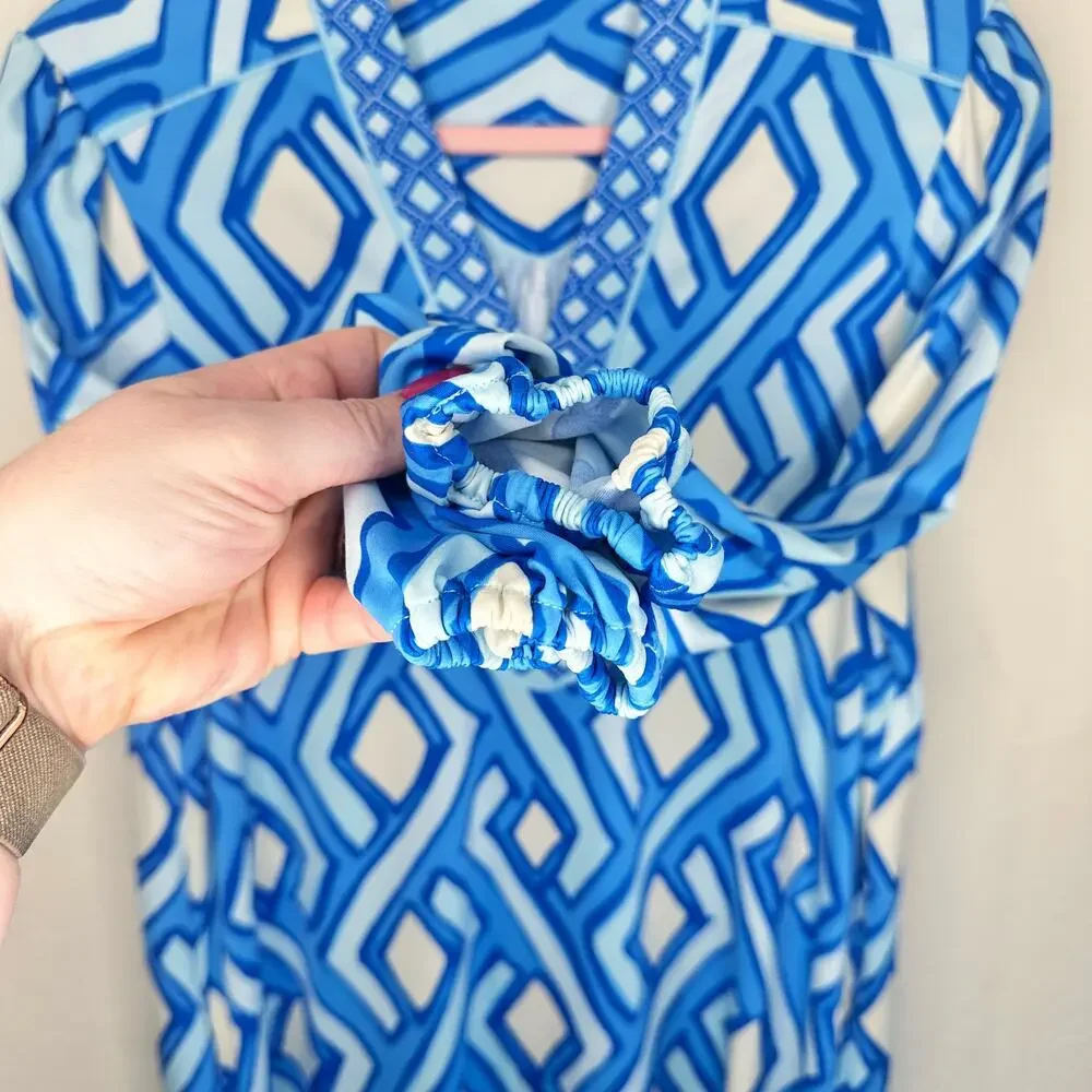 J McLaughlin Emer Long Sleeve Blue White Vilhada Souk Geometric Print Mini Dress